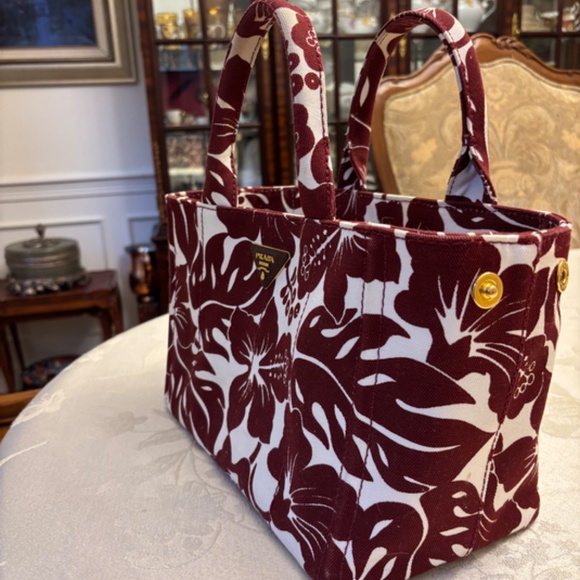 Prada Canapa Small Tote Bag – Burgundy & White Hibiscus Print - Picture 5 of 6